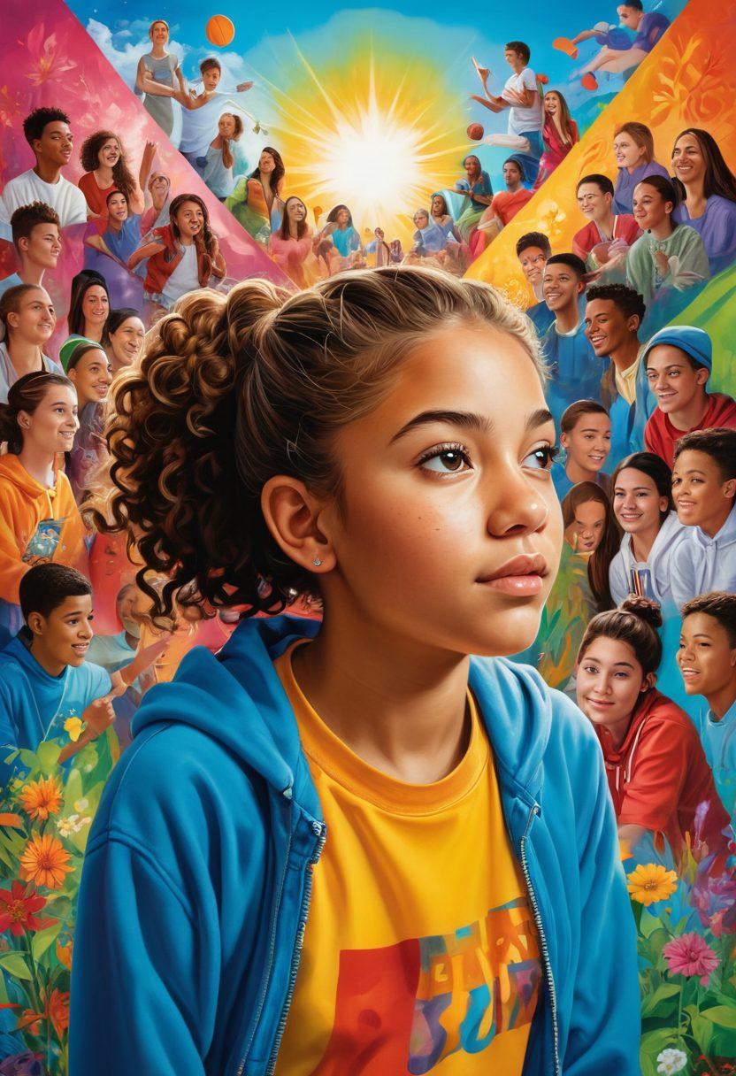 A vibrant and dynamic scene depicting diverse adolescents engaging in various personal growth activities such as art, sports, and mindfulness. The background features a colorful mural symbolizing identity and self-expression. Each adolescent stands confidently, showcasing their unique personalities and interests, with elements representing teamwork and empowerment around them. The atmosphere is filled with positivity and hope. super-realistic. vibrant colors. 3D.