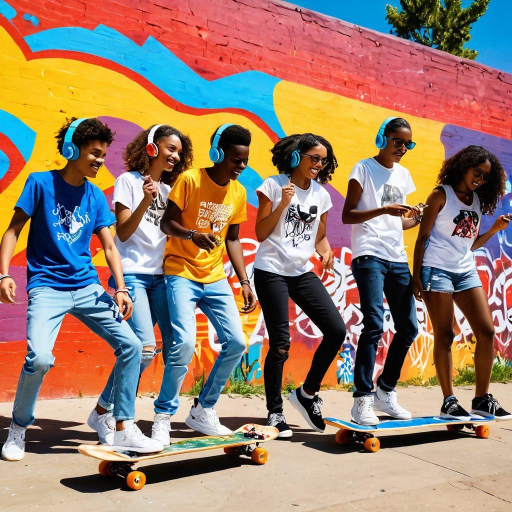 A vibrant and lively scene of diverse teenagers engaging in various self-expression activities such as painting graffiti, dancing, playing musical instruments, and sharing creative ideas in a sunny urban park. Bright colors and dynamic poses capture the essence of youth culture, with elements like headphones, skateboards, and art supplies scattered around. The background features colorful murals that reflect freedom and individuality. super-realistic. vibrant colors. sunny backdrop.