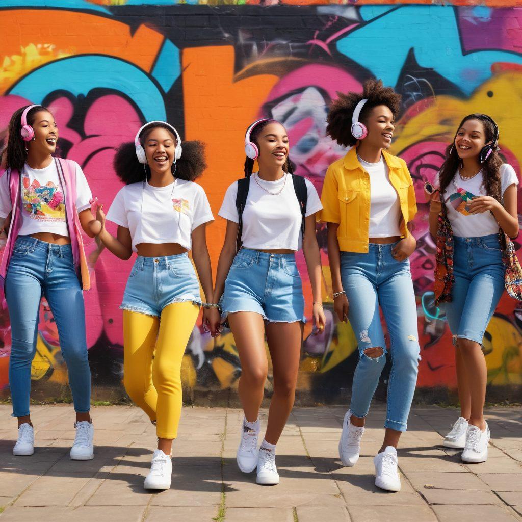 A vibrant and dynamic scene of diverse teenagers exploring fashion trends, dancing to music, and laughing together in a park. Include stylish outfits reflecting current trends, headphones, and colorful accessories. In the background, display a graffiti wall that symbolizes friendship and youth culture. The atmosphere should feel energetic and inclusive. super-realistic. vibrant colors. 3D.